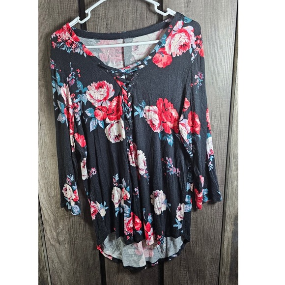 Torrid Black Floral Lace Up Long Sleeve Tunic Top Plus Size 2X - Picture 2 of 5